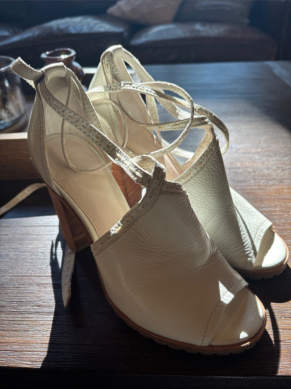 Frye Cream Leather Ankle Strap/Wrap Heels - size 9